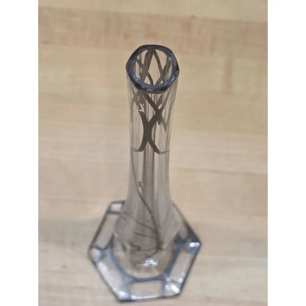 Vintage Art Nouveau Silver Overlay Clear Glass Hexagonal Bud Vase 11